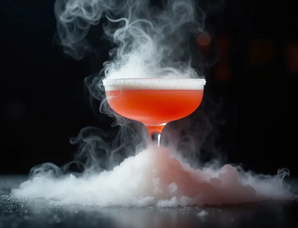 Molecular cocktail with dry ice smoke cascading over glass rim dark moody background