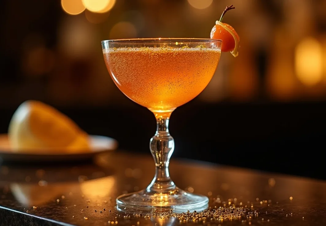 Elegant crystal coupe glass with layered cocktail and edible gold flakes floating luxury bar setting