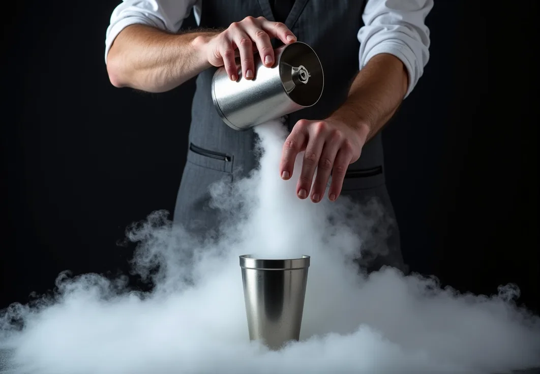 Mixologist hands pouring liquid nitrogen into metal shaker dramatic white vapor clouds
